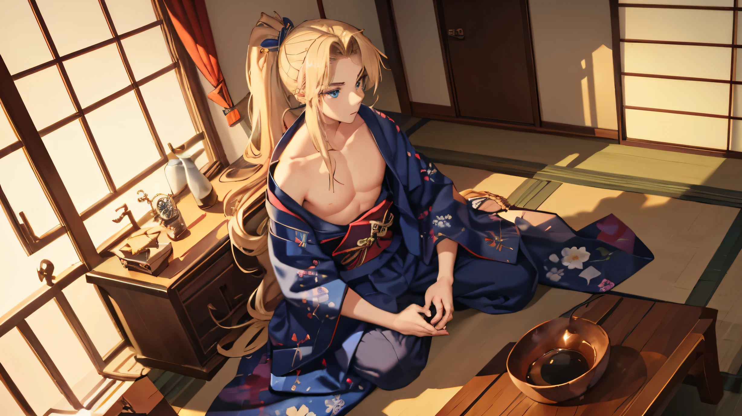 1boy,Masculinity,blond hair,ponytail,blue eyes,no bra,A Japanese-style room,sitting,late at night,alone