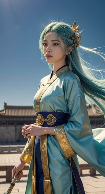 highly detailed artwork, Tall character, Drawing style with alcohol ink, Stand out with gold highlights... The subject is a Chinese female warrior with long-standing skills., flowing pastel green hair, looking at camera, Bright skin, and wore a beautiful pastel green hanfu... She held a golden long sword in her hand.., Gracefully falling from the sky with clothes and hair blowing in the wind.., Create a mesmerizing scene. The composition consists of the play of light and shadow.., With the Forbidden City in the background.., And the camera angle will be higher when the character descends..."