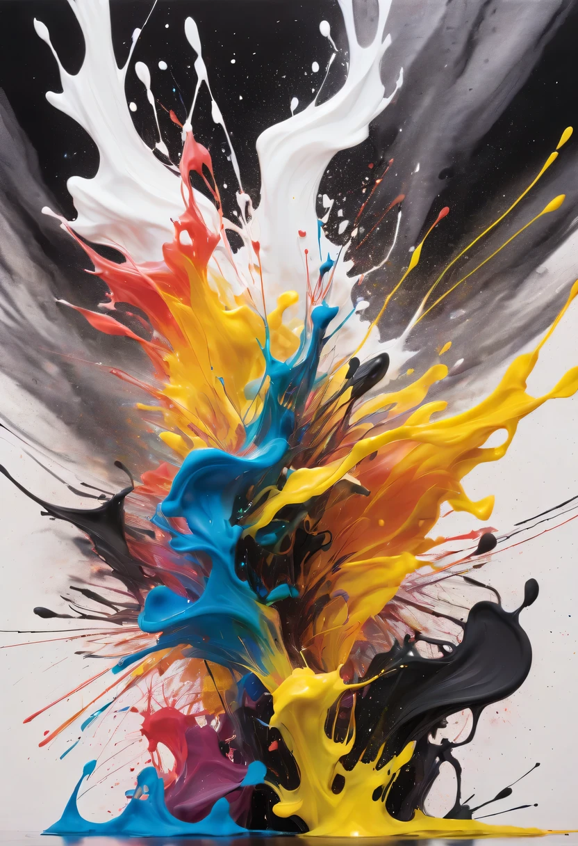 scribble art，ink splatter，Wild，splash ink painting，Abstraction，rich and colorful，Vague dreams，Dynamic energy,publish creation，visual impact,modern aesthetic,Elegant and simple,Contemporary interpretation,be bold,black background，Colored marbles fall into ink，The moment when ink is splattered，Stir up huge rich and colorful waves，Gorgeous