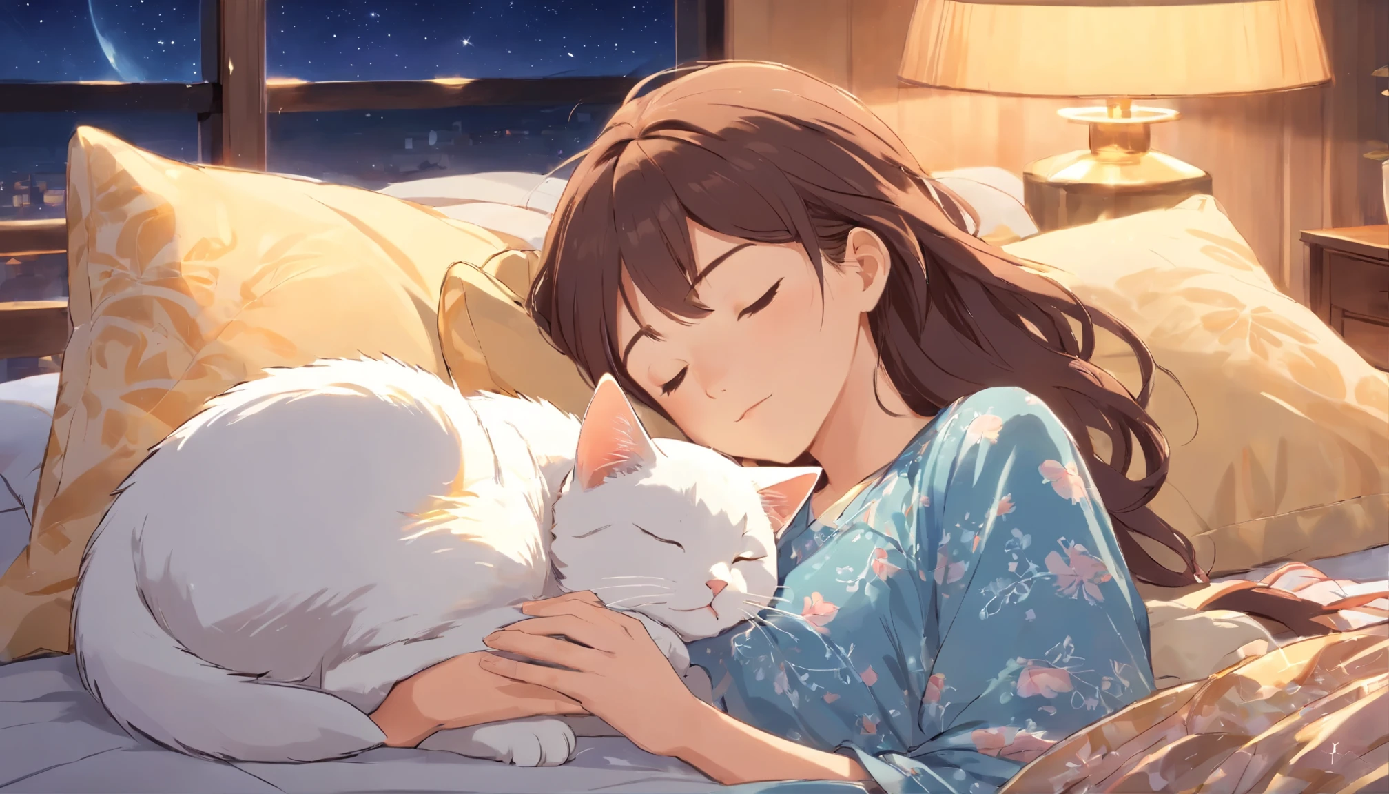 Create an image of a girl sleeping peacefully, embracing a white cat. She is resting on her side, her expression relaxed and serene. The girl has long, flowing brown hair, and is wearing a soft blue nightgown with a subtle floral pattern. The cat looks content and comfortable in her arms. The pillows have a golden-yellow hue with a gentle sprinkle pattern, suggesting coziness. The background is a night sky filled with stars, adding a dreamy and tranquil ambiance to the scene. The color palette should consist of warm tones for the bedding and cool tones for the nightgown and background, with a gentle contrast that evokes a calming and restful sleep environment