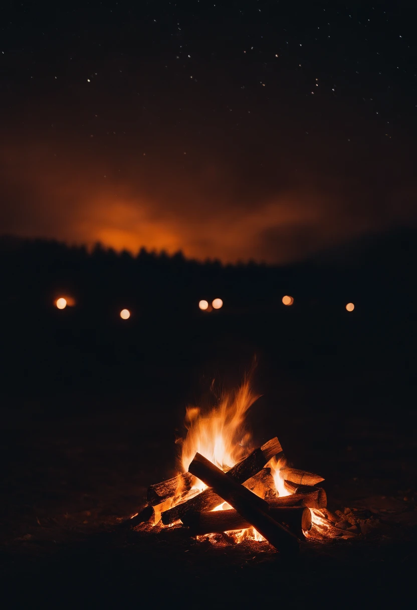 a night sky shot with a bonfire in the foreground, allowing the glowing embers and flames to illuminate the surroundings and create a captivating atmosphere
