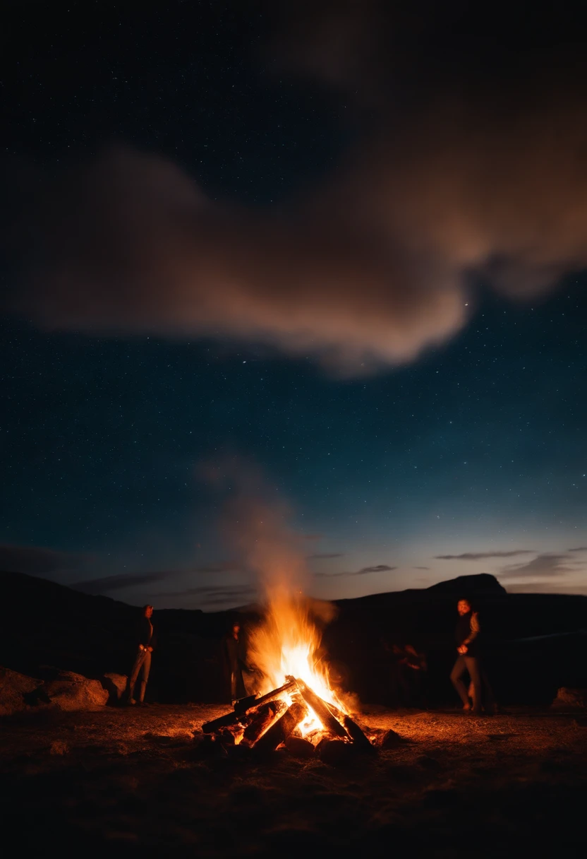 a night sky shot with a bonfire in the foreground, allowing the glowing embers and flames to illuminate the surroundings and create a captivating atmosphere