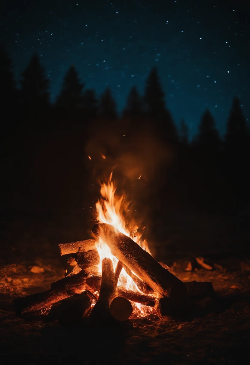 a night sky shot with a bonfire in the foreground, allowing the glowing embers and flames to illuminate the surroundings and create a captivating atmosphere