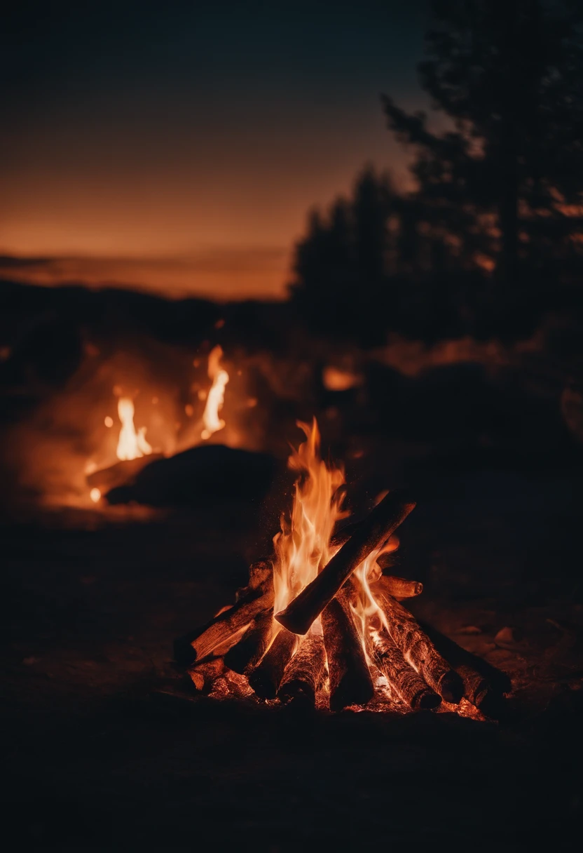 a night sky shot with a bonfire in the foreground, allowing the glowing embers and flames to illuminate the surroundings and create a captivating atmosphere