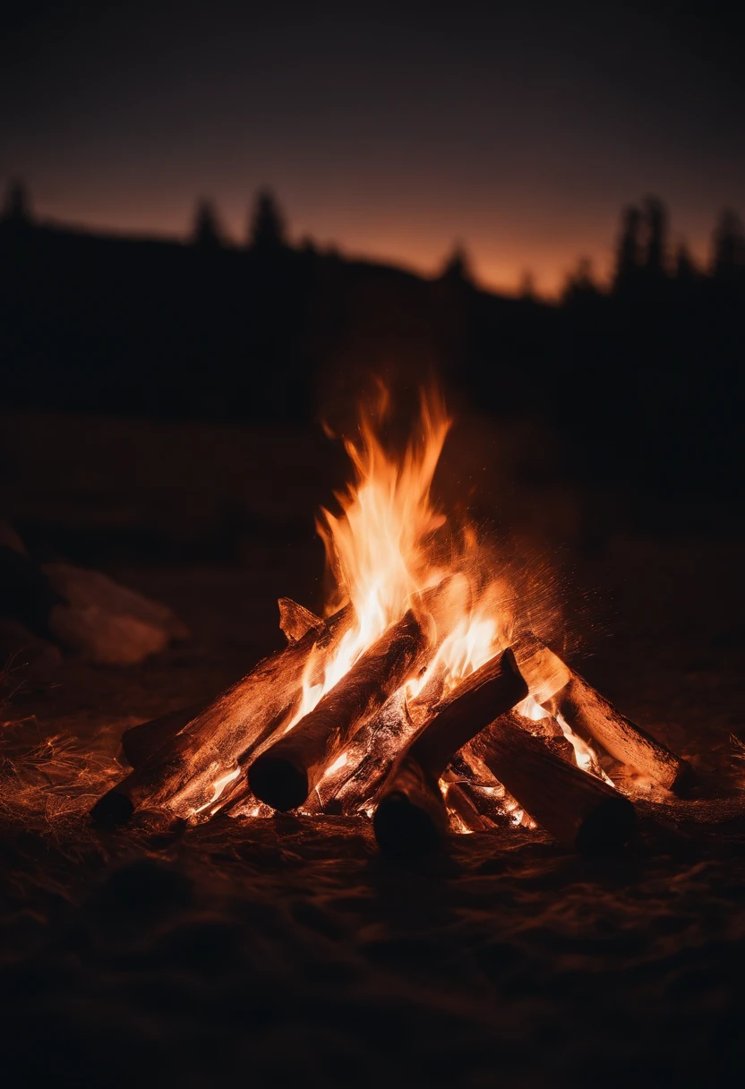 a night sky shot with a bonfire in the foreground, allowing the glowing embers and flames to illuminate the surroundings and create a captivating atmosphere