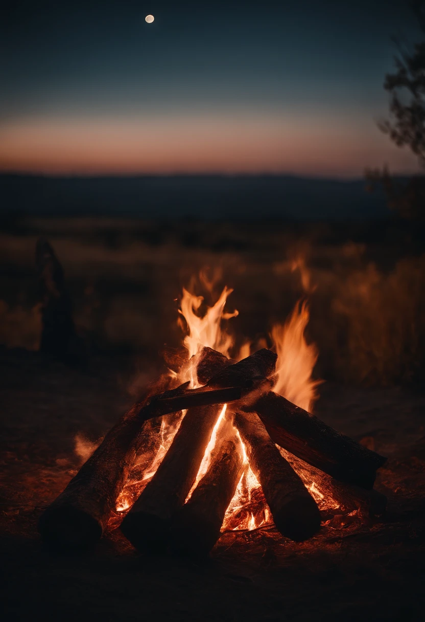 a night sky shot with a bonfire in the foreground, allowing the glowing embers and flames to illuminate the surroundings and create a captivating atmosphere