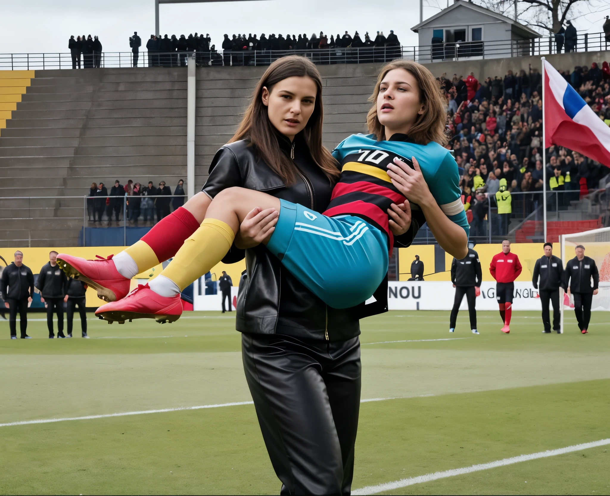 very shiny black leather, A big and beautiful woman carries the wounded man's body in her hands, Andrea grabs his legs and his body with her hands, the bearded man in Andrea's arms is visibly in pain, stadium atmosphere, the bearded man is lying consciousless in Andrea's arms with one arm hanging down, A scene at a soccer stadium, a bearded man lying in a caring women's arms, lying helpless in her arms with his head dangling down, he has one arm dangling down while being carried in the women's arms, There is an attractive and heavily made-up woman in a long black leather coat, A pretty woman in a shiny black leather coat on a soccer field, A wonderful woman is holding a passed out man, A man in matt and roughened sportswear is held diagonal in her arms, a man in a woman's arms and lets one arm dangling down, we see the man held in front of the woman's body, the man is cradled in the woman's arm while being carried, the beautiful woman is exceptionally heavily made up and has an extremely desperate and very angry expression on her face, high-resolution photo, realistic sports photo, soccer scene, woman in black shiny long leather coat, injury scene, real photo, ultra realistic, high definition, sports photography
