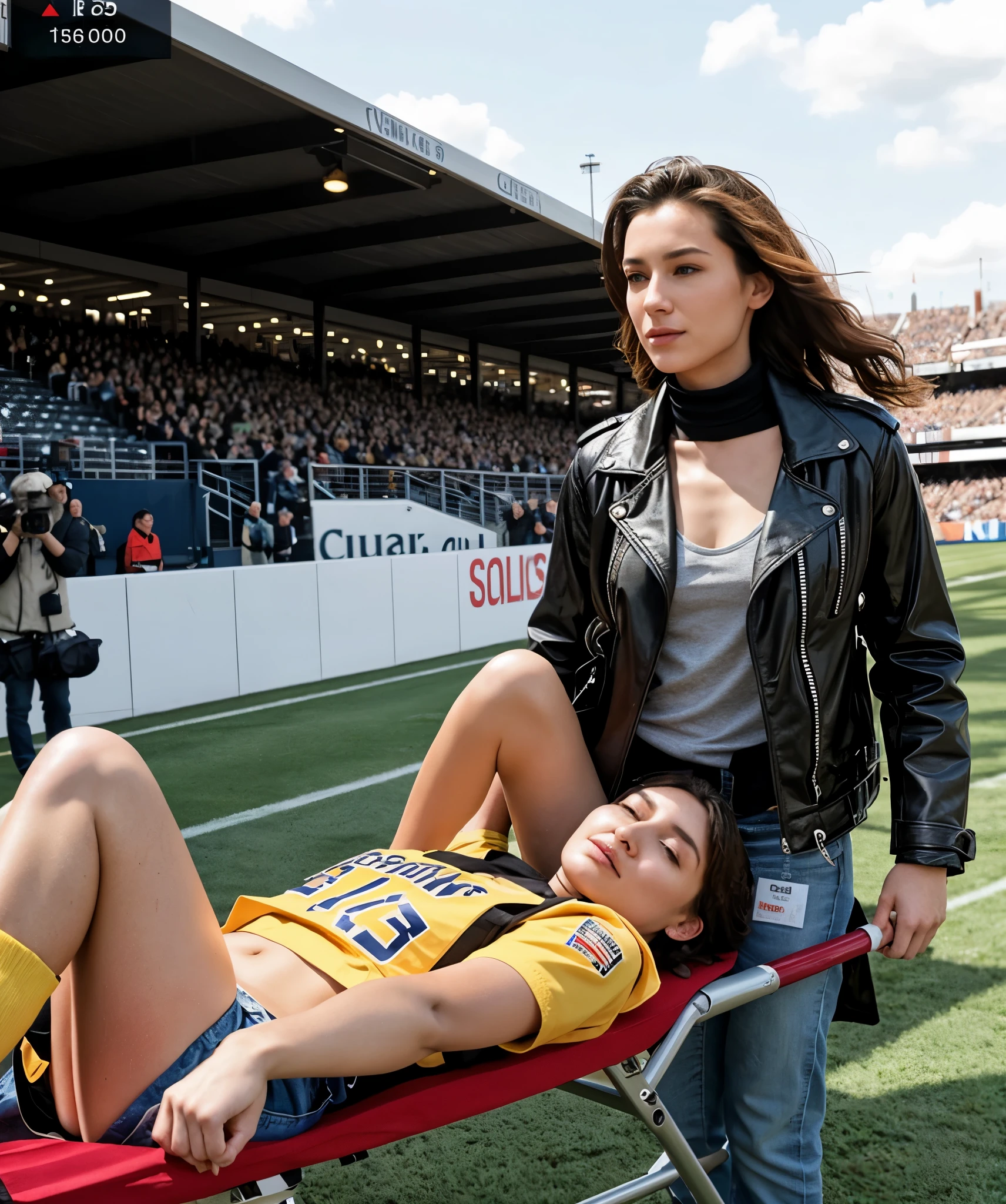a bearded man is lying on a stretcher, woman carrying a bearded man on a stretcher in a stadium, woman in shiny quilted coat, woman in high gloss down coat carrying a stretcher, edited, injured man, over-shoulder shot, posed, hurt, realistic scene, stretch, video still, good graphic, digitally painted, famous scene, man, meme, bum, gif, tight shot, man?, realistic shot, warm sunshine, fake detail, real shot, well edited