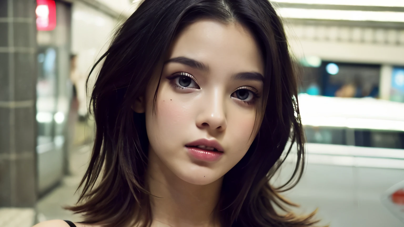Ana de Armas, cuban ethnicity, High detail, mattey lips, model, low angle shot, beautiful eyes and face, black hair, long eyelashes, soft and smooth skin, 4K, background is black, expression appears confident yet calm, seductive,