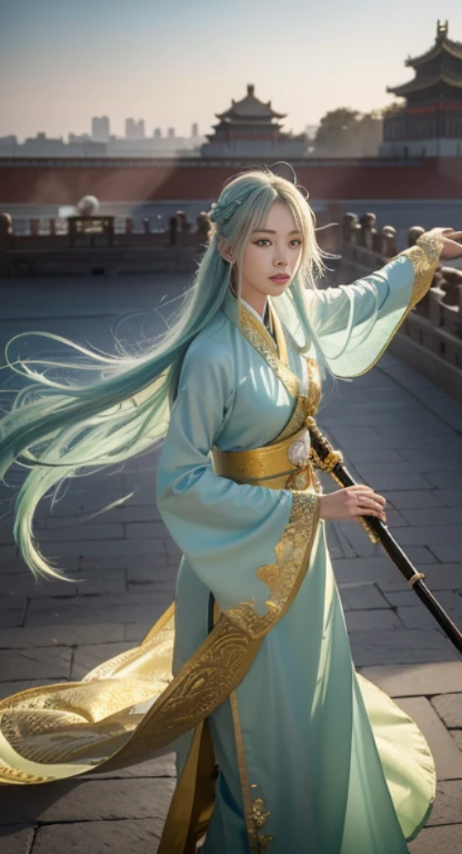 highly detailed artwork, Tall character, Drawing style with alcohol ink, Stand out with gold highlights... The subject is a Chinese female warrior with long-standing skills., flowing pastel green hair, looking at camera, Bright skin, and wore a beautiful pastel green hanfu... She held a golden long sword in her hand.., Gracefully falling from the sky with clothes and hair blowing in the wind.., Create a mesmerizing scene. The composition consists of the play of light and shadow.., With the Forbidden City in the background.., And the camera angle will be higher when the character descends..."