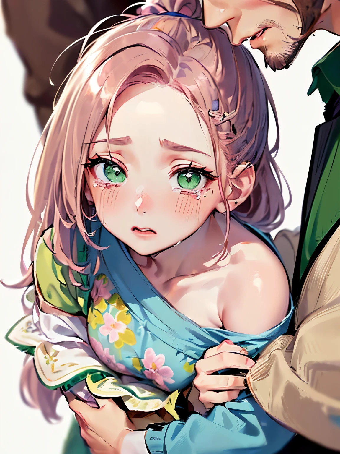 ((Mixed light brown and pink hair:1.2)),(ponytail:1.3),(green eyes:1.4),(Eye size:1.5),(Floral Accessories:1.3),((casual costume fashion:1.4)),(blush),(upward glance:1.3),((small breasts:1.25)),(focus on face:1.3),((look up:1.6)),(fashion color White、darkBlue、purple、red:1.3),(crying face:1.2),((close up of face:1.5)),((Being hugged by a man:1.5))