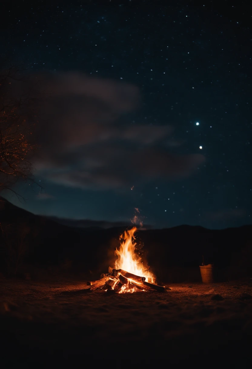 a night sky shot with a bonfire in the foreground, allowing the glowing embers and flames to illuminate the surroundings and create a captivating atmosphere
