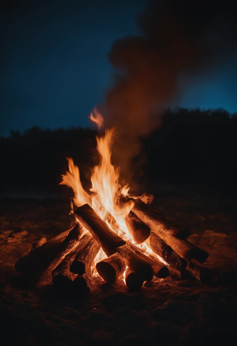a night sky shot with a bonfire in the foreground, allowing the glowing embers and flames to illuminate the surroundings and create a captivating atmosphere
