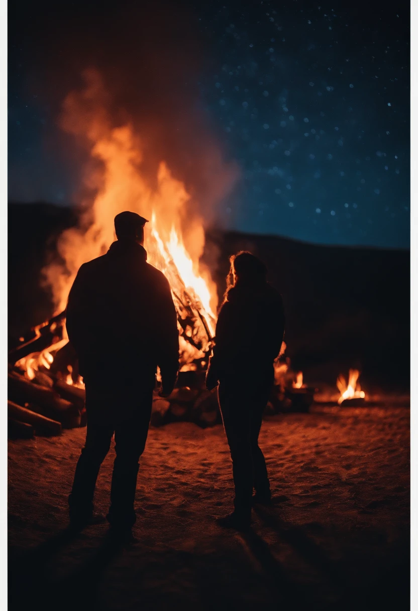 a night sky shot with a bonfire in the foreground, allowing the glowing embers and flames to illuminate the surroundings and create a captivating atmosphere