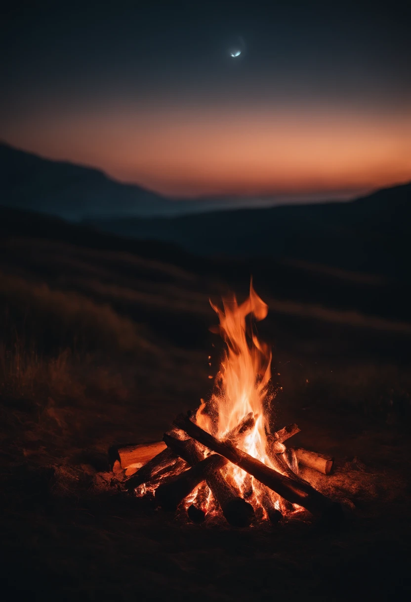 a night sky shot with a bonfire in the foreground, allowing the glowing embers and flames to illuminate the surroundings and create a captivating atmosphere