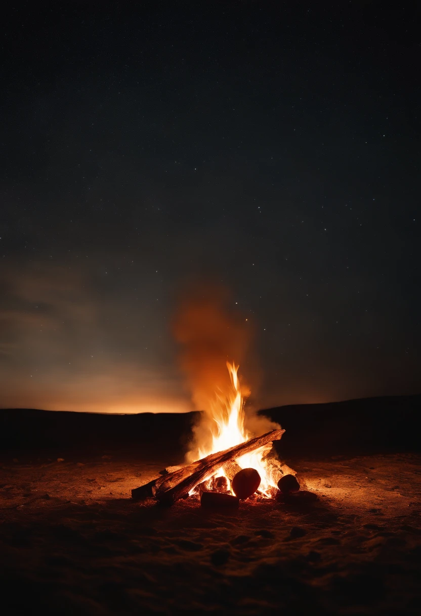 a night sky shot with a bonfire in the foreground, allowing the glowing embers and flames to illuminate the surroundings and create a captivating atmosphere