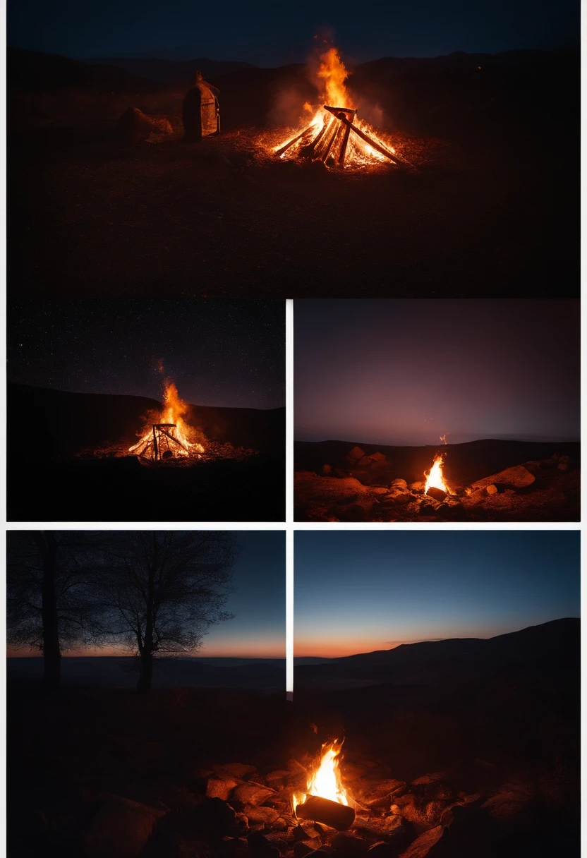 a night sky shot with a bonfire in the foreground, allowing the glowing embers and flames to illuminate the surroundings and create a captivating atmosphere