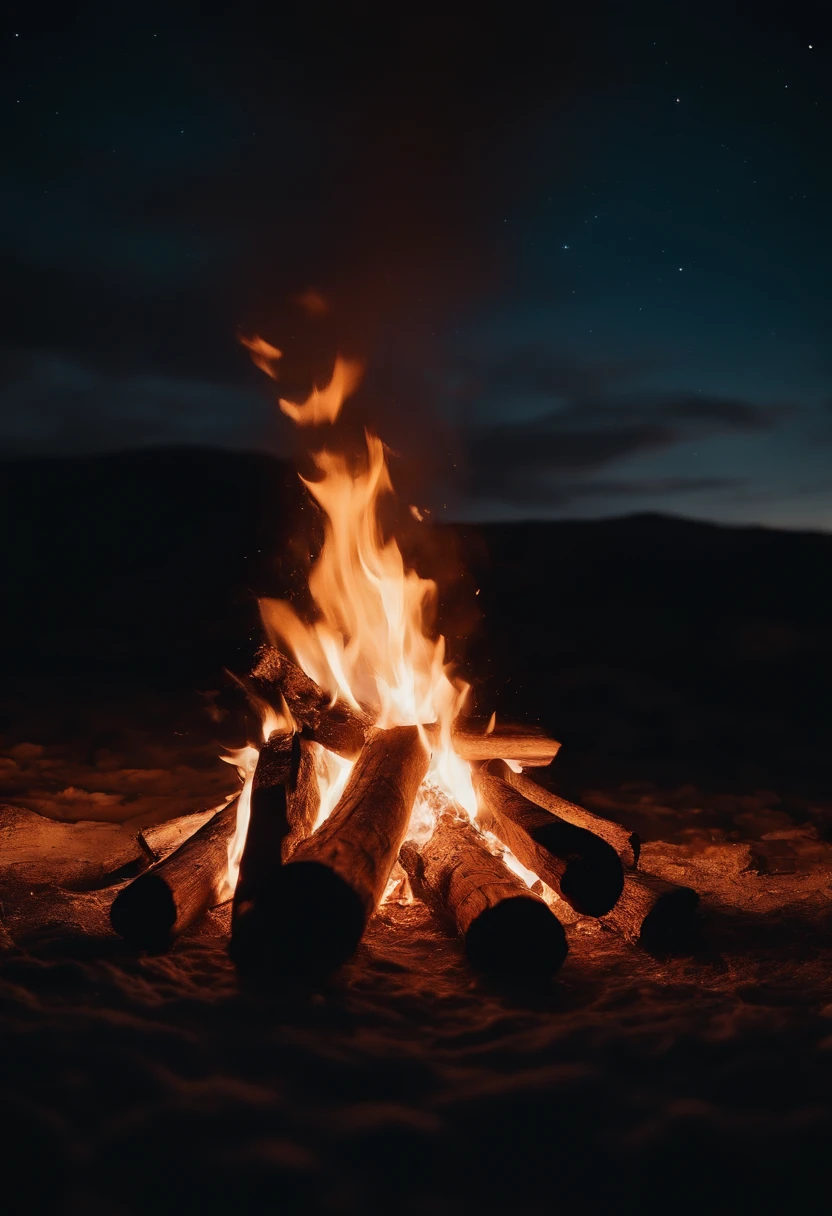 a night sky shot with a bonfire in the foreground, allowing the glowing embers and flames to illuminate the surroundings and create a captivating atmosphere