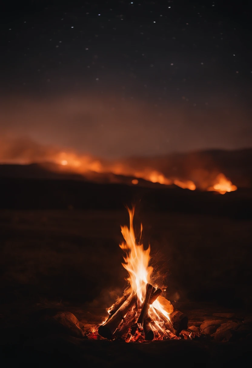 a night sky shot with a bonfire in the foreground, allowing the glowing embers and flames to illuminate the surroundings and create a captivating atmosphere