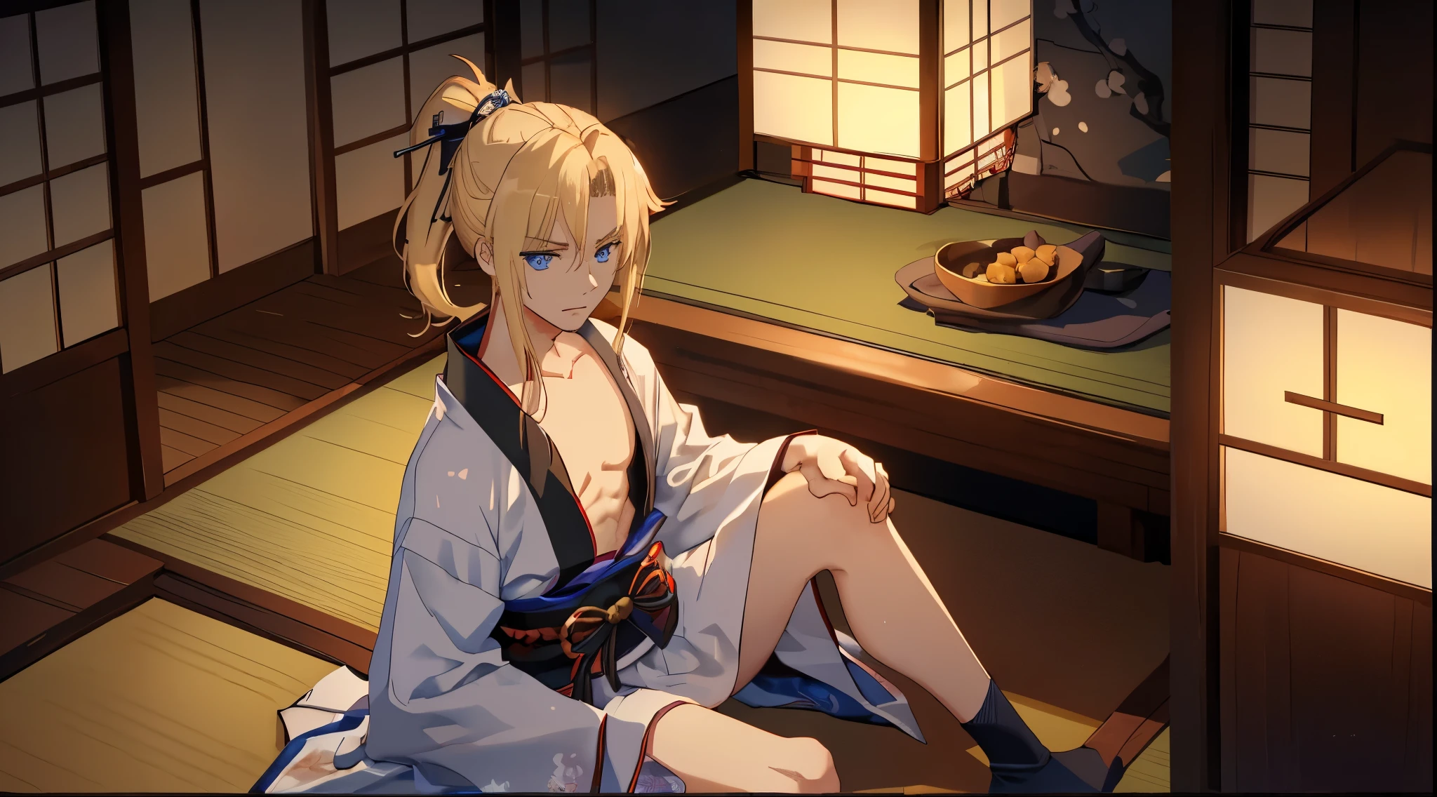 1man,Masculinity,blond hair,ponytail,blue eyes,no bra,A Japanese-style room,late at night,alone,kimono,Sitting