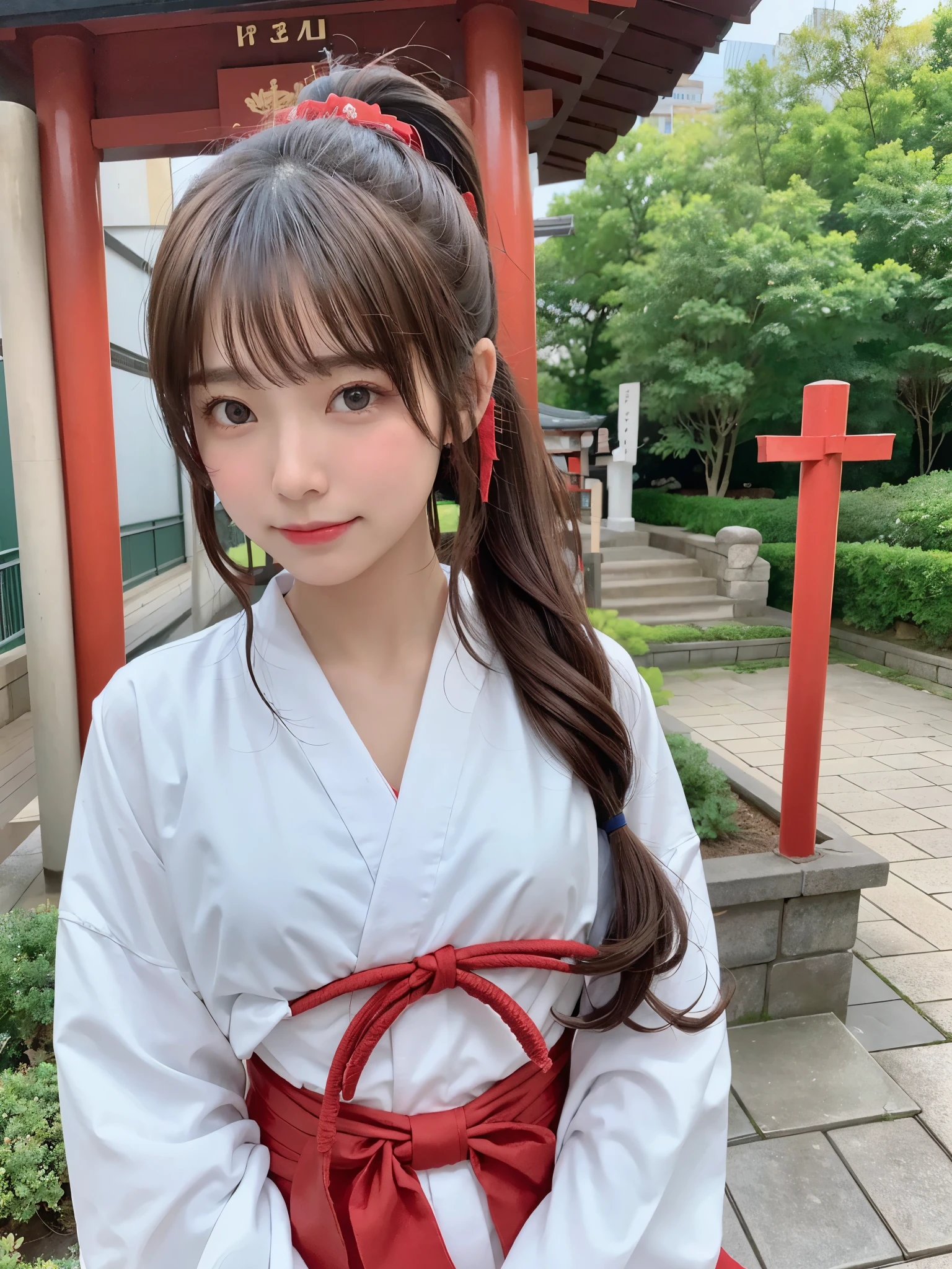 highest quality、8K、ultra high resolution、Super detailed face and eyes、Highly detailed face and skin texture、glowing skin、shiny skin、master piece:1.3、1 girl、A beautiful woman with slim abs as an accent、super detail face、delicate eyes、double eyelid、full shot、ponytail、短めponytail、20-year-old、brown hair、A sloppy smile、An embarrassed face、shrine maiden、shrine maiden服、shrine、white clothes、red hakama、torii