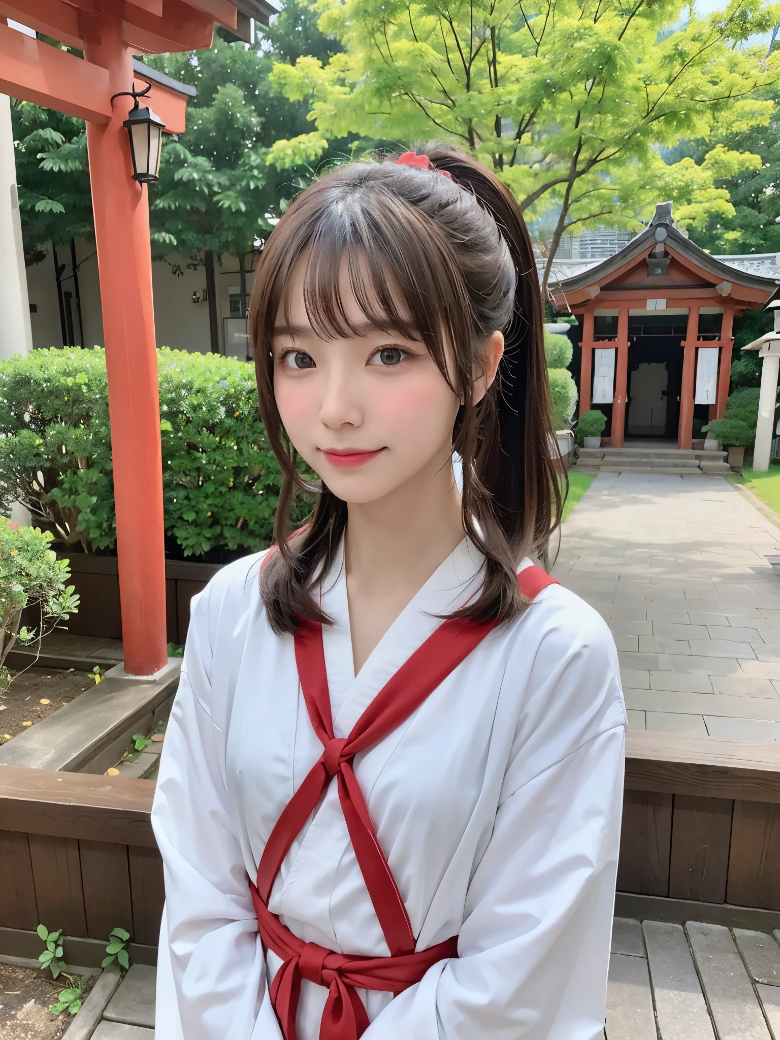 highest quality、8K、ultra high resolution、Super detailed face and eyes、Highly detailed face and skin texture、glowing skin、shiny skin、master piece:1.3、1 girl、A beautiful woman with slim abs as an accent、super detail face、delicate eyes、double eyelid、full shot、ponytail、短めponytail、20-year-old、brown hair、A sloppy smile、An embarrassed face、shrine maiden、shrine maiden服、shrine、white clothes、red hakama、torii