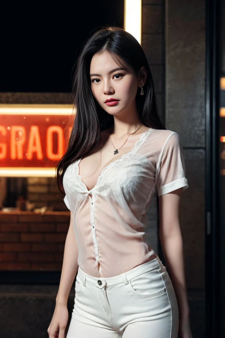 8k, masterpiece, RAW photo, best quality, photorealistic, extremely detailed CG unity 8k wallpaper, Depth of field, Cinematic Light, Lens Flare, Ray tracing, (extremely beautiful face, beautiful lips, beautiful eyes), intricate detail face, ((ultra detailed skin)) 1girl, in the dark, deep shadow, , 1 girl, ((looking at viewer)),( (tight pink pants), (laced mini pants), (midnight, dark night, (neon sign), (blurred background), dim light), (without people in the background:1.3), beautiful earrings, bracelets, necklace, pantyhose, clear eyes, walking , front shot, (pale skin), (big eyes), face forward, (full body shot), ((silk shirt)), (brown hairs), open navel, (looking at viewer:1.3) very slim, medium breasts, medium butt, see through