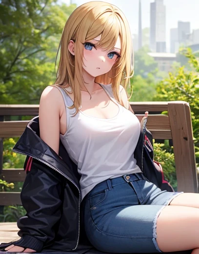 Mujer .rubia ojos azules.cabello rubio dorado , viste shorts. Campera de cuero rockera. Torso desnudo.