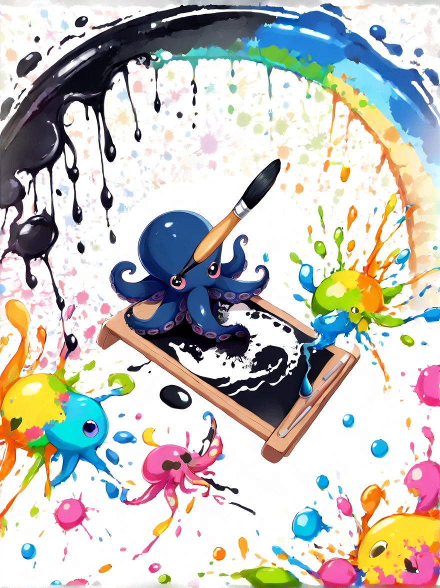 Whimsical vibe，an underwater world，((1 cute octopus holding a paintbrush and drawing pictures on the drawing board:1.5))，((ink pigment，Strong splash of colored ink:1.6))，(在画布和章鱼身上有更多的ink splatter effect:1.6)，(Character covered in ink liquid splatter:1.6), (ink splatter effect:1.7)，(Splash paint:1.7), (Rainbow paint splash:1.7)，(paint splatter background:1.7)，The octopus should look happy doing its art，Surrounded by a vibrant aquatic environment filled with coral and marine life，(vector illustration:1.2)