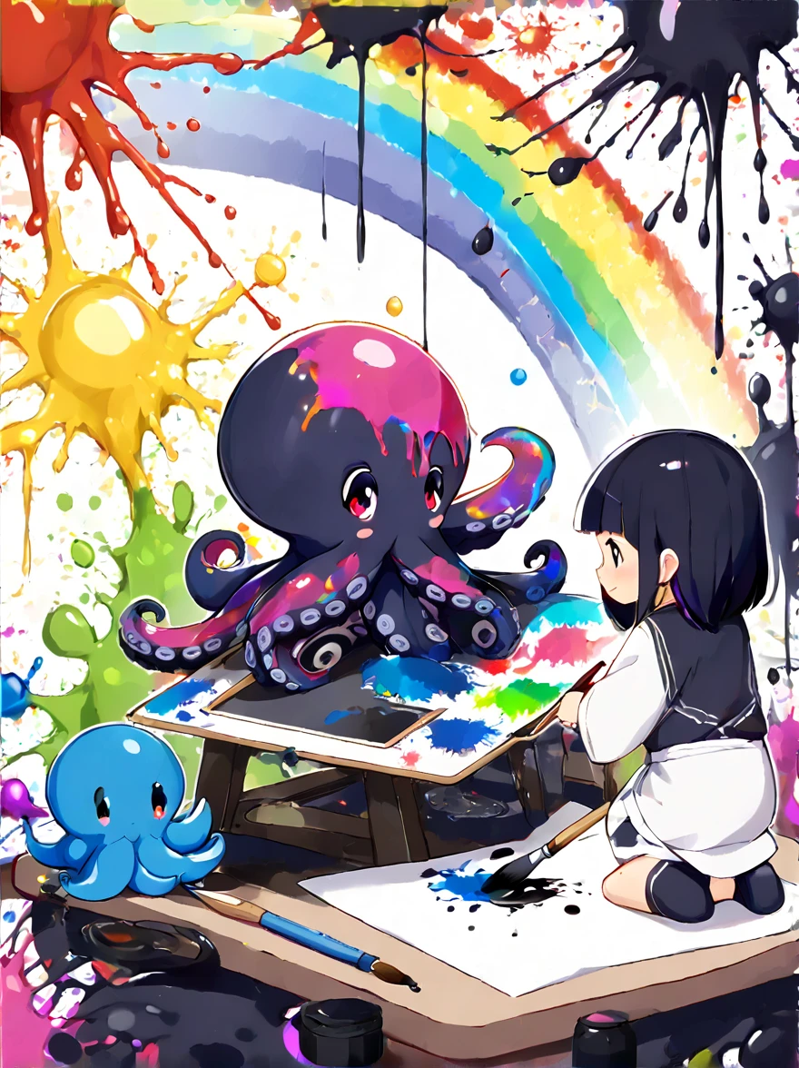 Whimsical vibe，an underwater world，((1 cute octopus holding a paintbrush and drawing pictures on the drawing board:1.5))，((ink pigment，Strong splash of colored ink:1.6))，(在画布和章鱼身上有更多的ink splatter effect:1.6)，(Character covered in ink liquid splatter:1.6), (ink splatter effect:1.7)，(Splash paint:1.7), (Rainbow paint splash:1.7)，(paint splatter background:1.7)，The octopus should look happy doing its art，Surrounded by a vibrant aquatic environment filled with coral and marine life，(vector illustration:1.2)