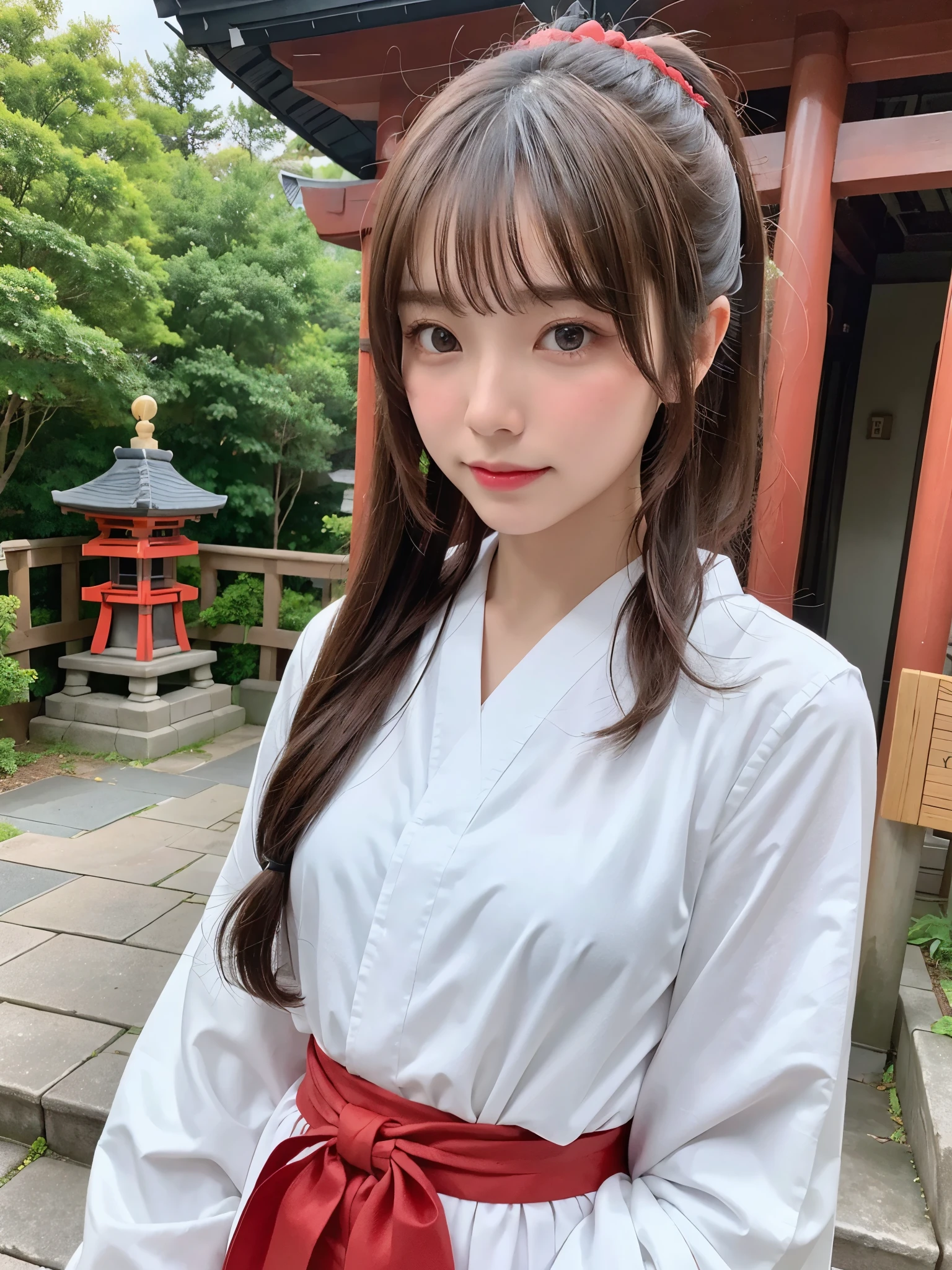 highest quality、8K、ultra high resolution、Super detailed face and eyes、Highly detailed face and skin texture、glowing skin、shiny skin、master piece:1.3、1 girl、super detail face、delicate eyes、double eyelid、whole body、full shot、short ponytail、20-year-old、brown hair、((shrine maiden、shrine maiden服、shrine、white clothes、red hakama、torii))、approach、A sluggish smile、gentle smile