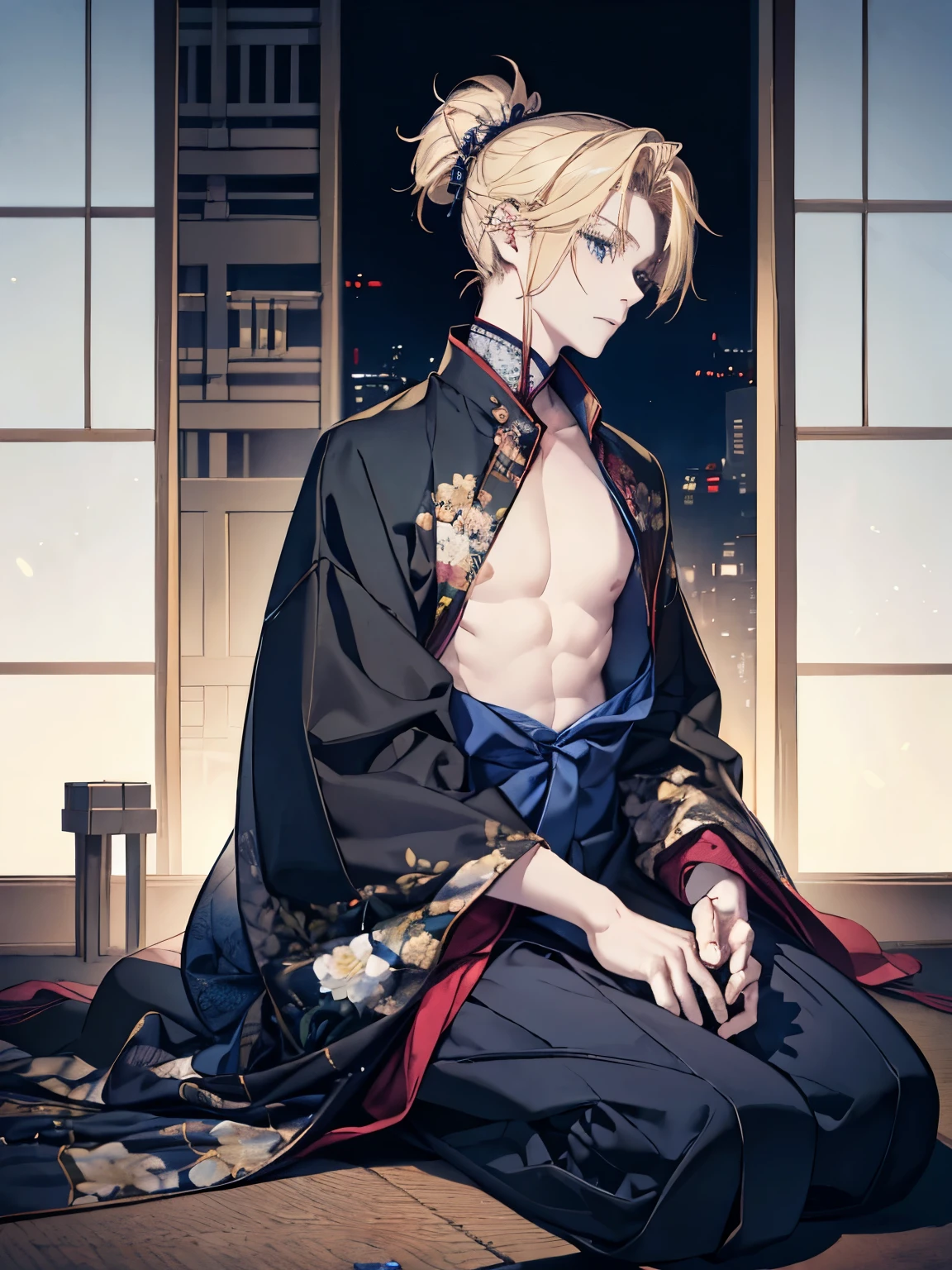 1man，Masculinity，blond hair，ponytail，blue eyes，no bra，A Japanese-style room，late at night，alone，kimono，Sitting