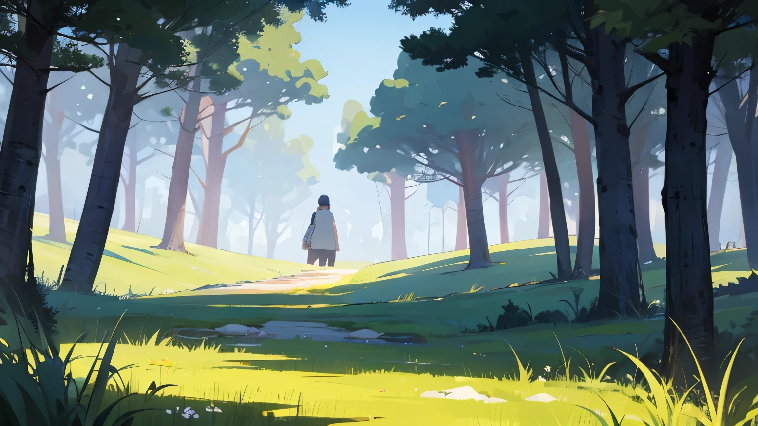 There are woods on both sides of the picture,The ground is covered with shrubs and grass