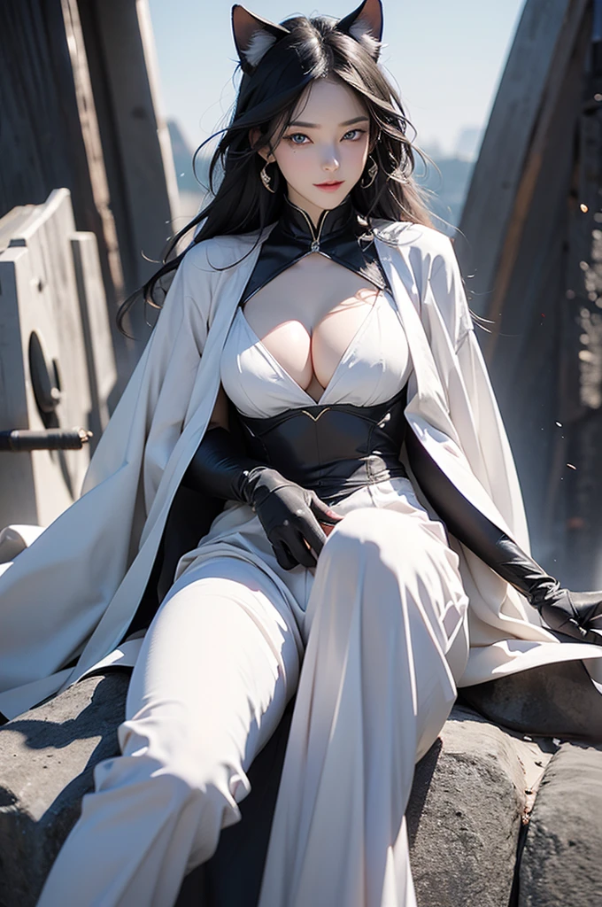 1girl, black hair, blue eyes, wearing full body armored suit, particles in background, absurdres, high res, ultrasharp, 8K, masterpiece, looking at viewer, cat girl ears same color as hair, mask, hands armored gloves, long cape, tmasterpiece, ultra fine photos, best qualtiy, realisticlying, rays of sunshine, full-body portraits, cleavage breasts, delicated face,Vibrant eyes,very highly detailed background, detailed background, opulent, high detail skin, Realistic details of skin,Visible pores,Clear focus,volume fog,8K UHD,digital SLR camera,high high quality,filmgrain,White skin of the,photorealistic