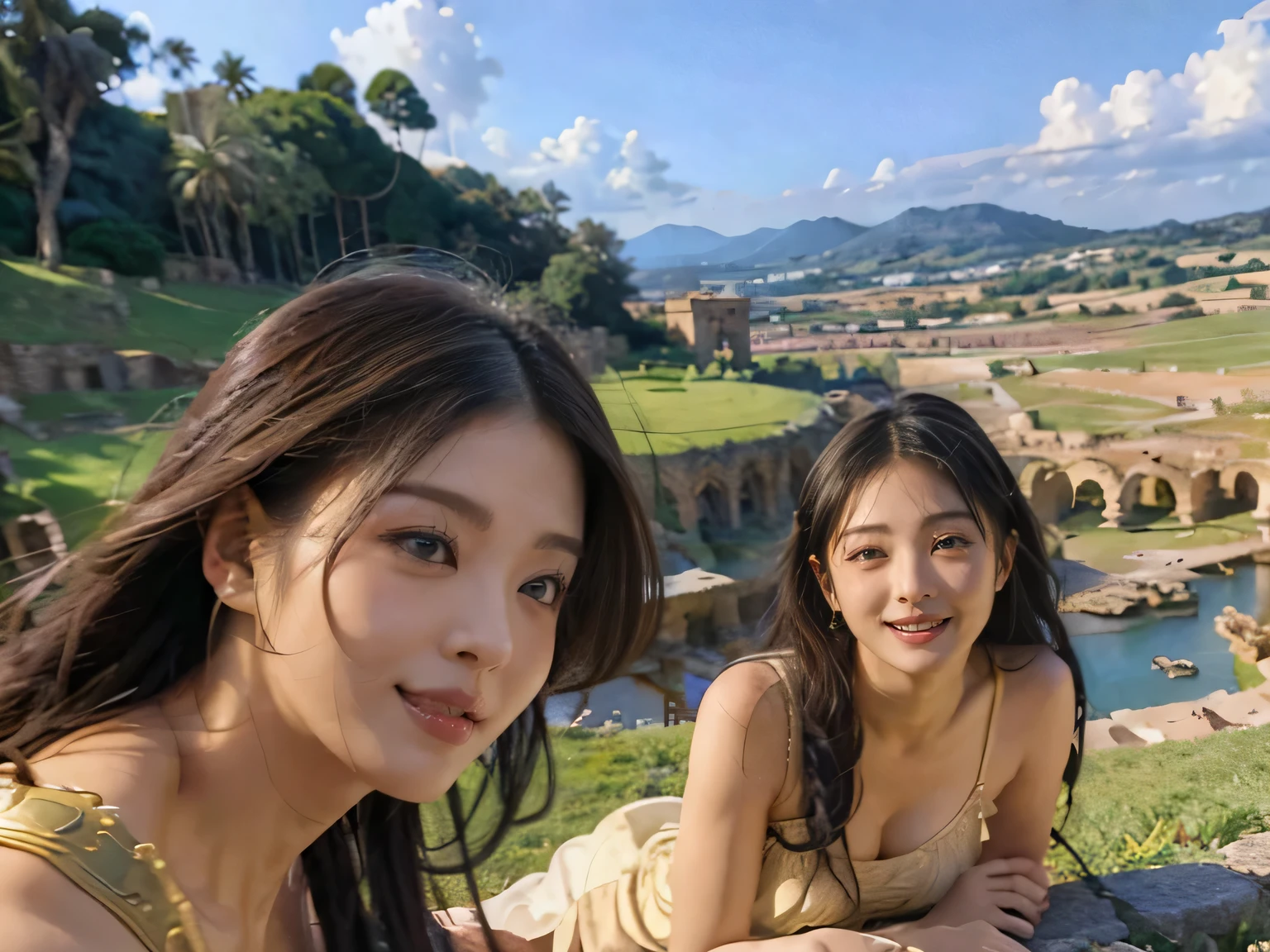 Ancient Roman ruins,Poussin-style landscape,A smile,,Sweet and seductive appearance.、Caravaggio's paintings、Chiaroscuro of Caravaggio、Hair disheveled in the wind,Two women frolicking,Cute smile, Expression of ecstasy,A sexy,Erotic