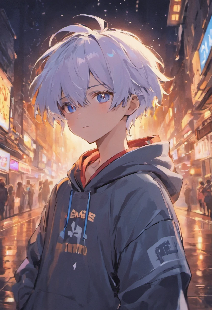 bust,cyberpunk,boy,watery eyes,Zhongfa,white hair,Seductive smiles,hoodie,night,Star
