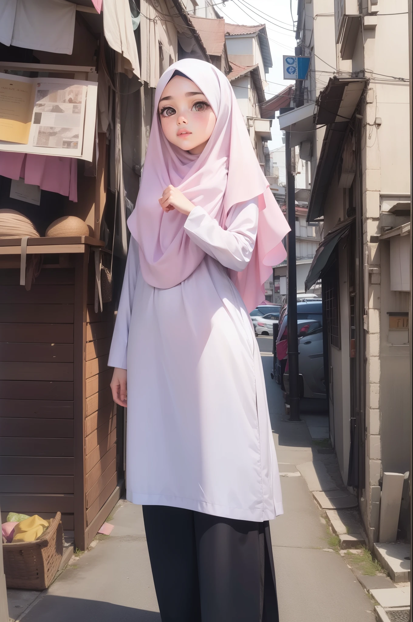 ("Hijab"), (hyperrealistic), (illustration), (high resolution), (8K), (extremely detailed), (best illustration), (beautiful detailed eyes), (best quality), (super detailed), (masterpiece), (wallpaper), (detailed face), solo, 1 girl, korean, heterochromic eyes, small moles under the eyes, pink t-shirt top, black yoga pants underneath, long legs, tight abs, no chest leakage, background street, standing