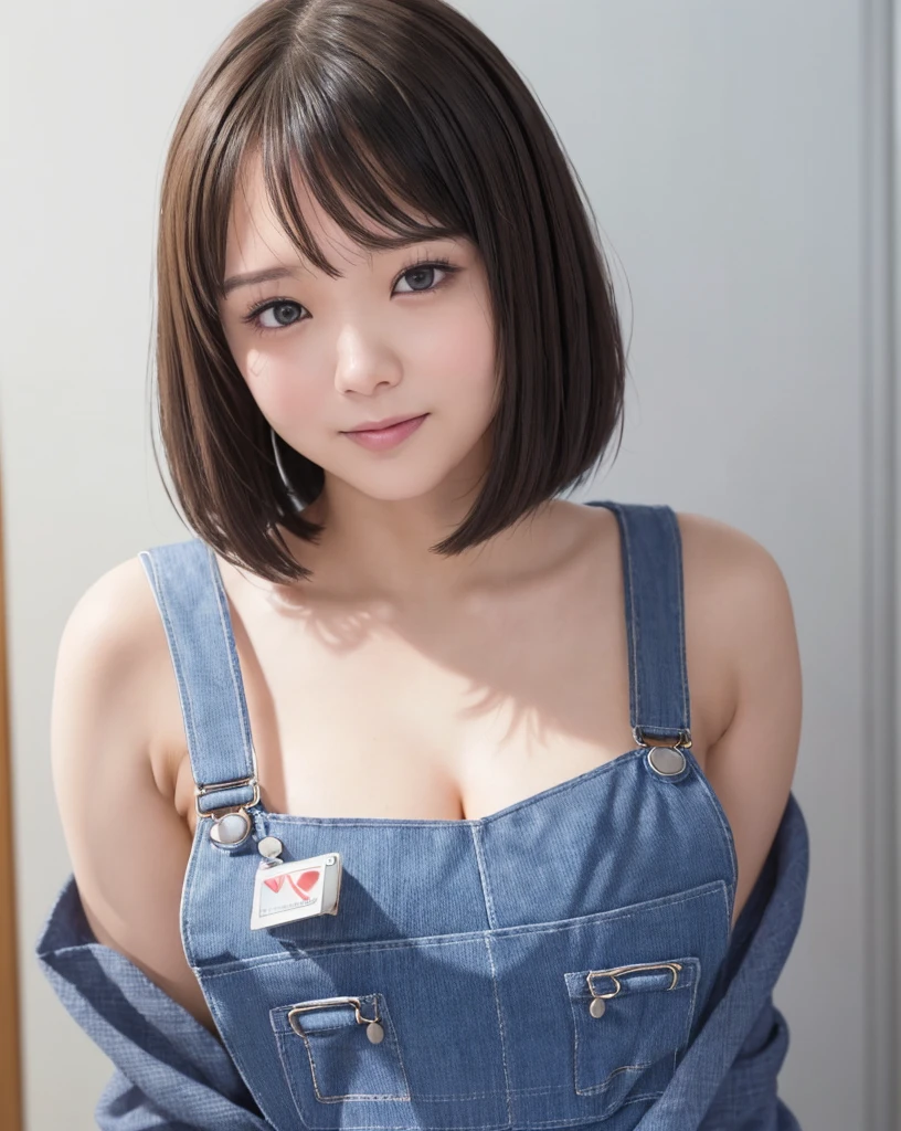 realistic facial expression_v1:0.03, highest quality, realistic, 8K, High resolution, ((豊満なFeeling tinglyの官能的なボディを持つ22歳の女性1人, ))((Smile with a plump, round face and well-defined features))Feeling tingly、big breasts、flabby belly、fat constitution、full color,(closed mouth:1.73), (skin dents), (portrait:0.6), simple room、full color, ((Naked overalls:1.58)), looking at the viewer:1.8, (1女の子 eyes looking at the viewer:1.55), (medium hair, brown hair, Sweep Part Bang:1.45), (Bokeh), Generated by Instagram Pixel、