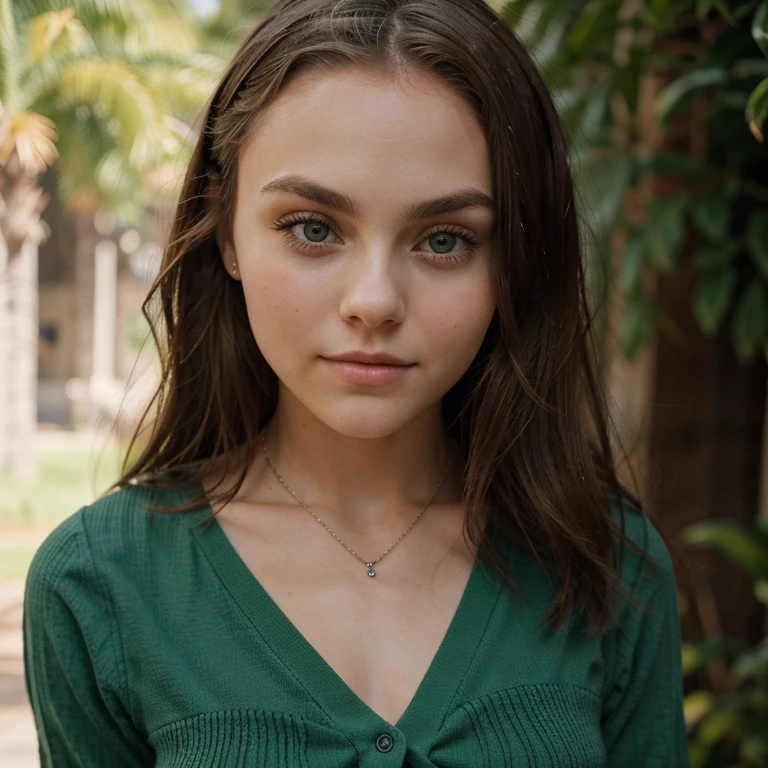 Uma jovem loira de 18 anos, com cabelo chanel, parecida com a AnnaSophia Robb. She wears a modest dress with a Christian crucifix pendant.  She has green eyes and a beautiful expression of kindness.