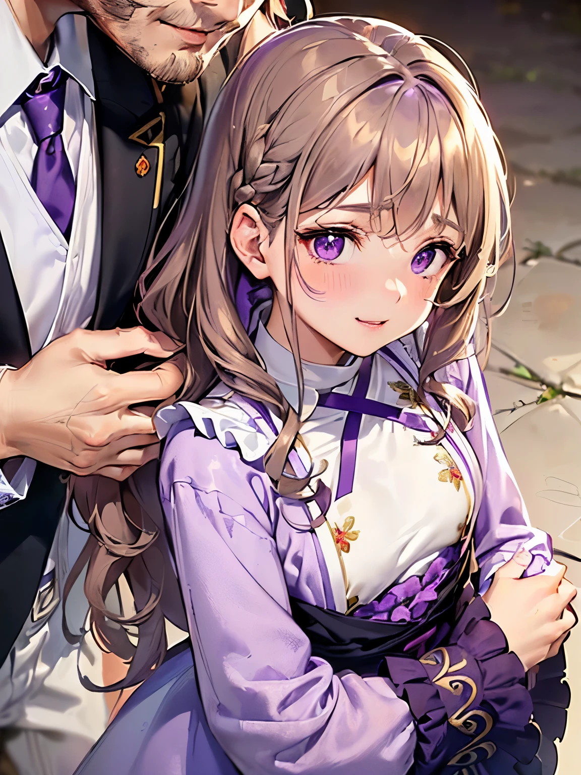 ((light brown hair:1.2)),(Side tail:1.3),(purple eyes:1.4),(Eye size:1.5),(Floral Accessories:1.3),((casual costume fashion:1.4)),(blush),(upward glance:1.3),((small breasts:1.25)),(focus on face:1.3),((look up:1.6)),(fashion color White、darkBlue、purple、red:1.3),(smile:1.2),((close up of face:1.5)),((Being hugged by a man:1.5))