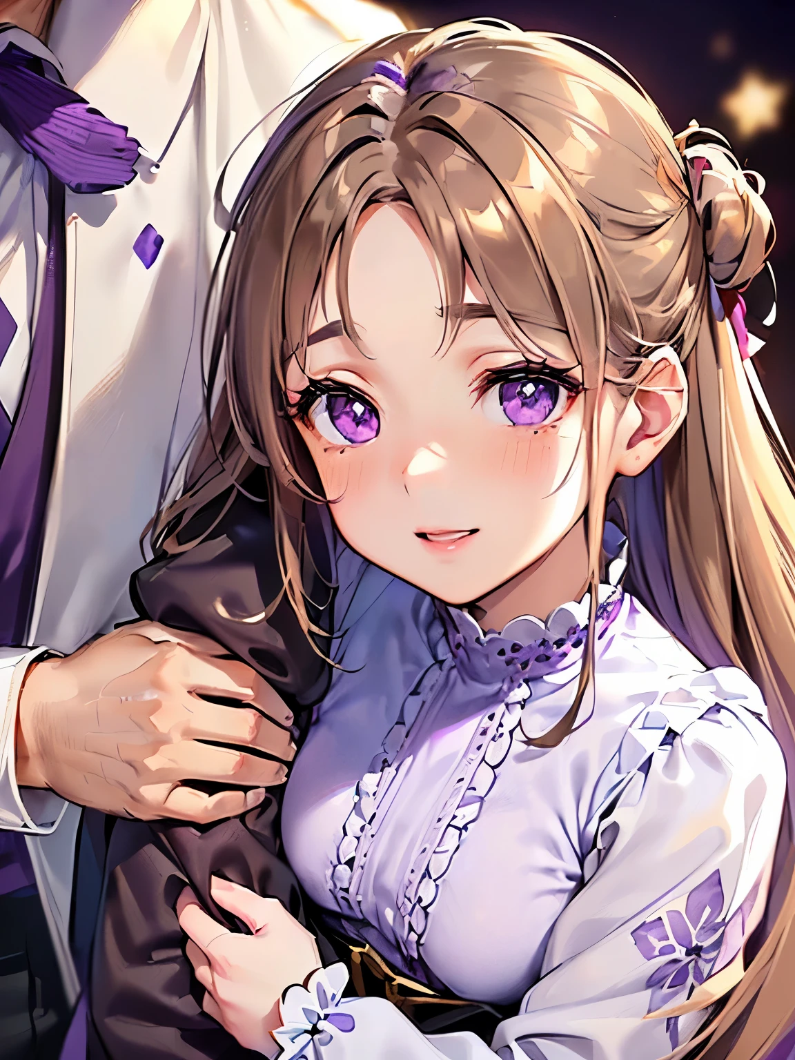 ((light brown hair:1.2)),(Side tail:1.3),(purple eyes:1.4),(Eye size:1.5),(Floral Accessories:1.3),((casual costume fashion:1.4)),(blush),(upward glance:1.3),((small breasts:1.25)),(focus on face:1.3),((look up:1.6)),(fashion color White、darkBlue、purple、red:1.3),(smile:1.2),((close up of face:1.5)),((Being hugged by a man:1.5))