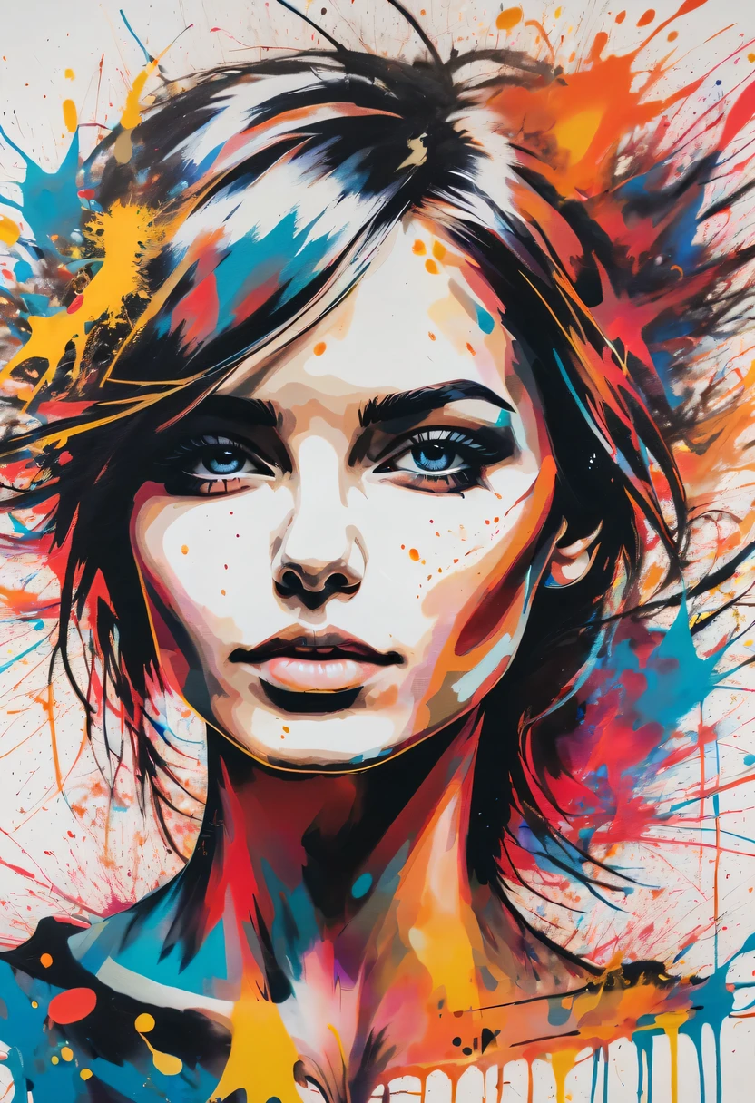 scribble art，ink splatter，Wild，splash ink painting，Abstraction，rich and colorful，Vague dreams，Dynamic energy,publish creation，visual impact,modern aesthetic,Elegant and simple,Contemporary interpretation,be bold,Stylized abstract portrait of beautiful girl，Street graffiti