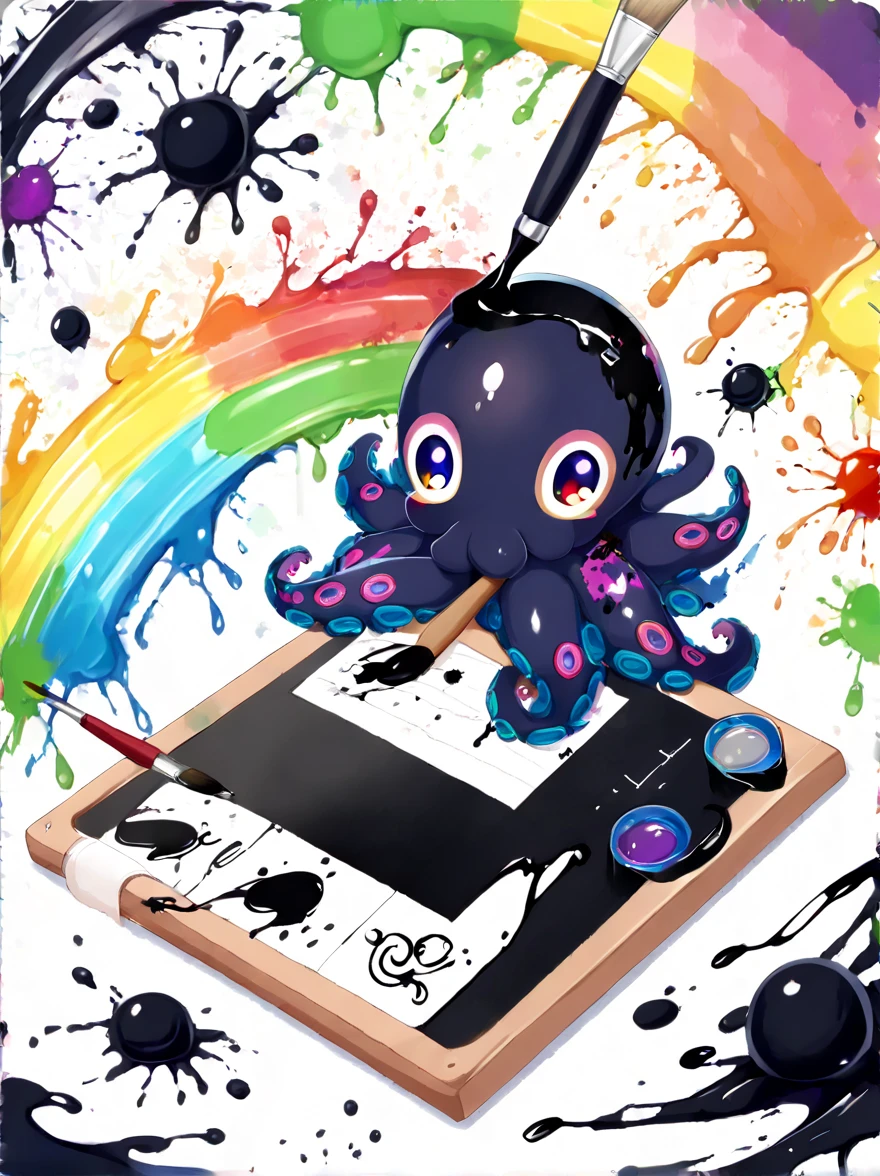 Whimsical vibe，an underwater world，((1 cute octopus holding a paintbrush and drawing pictures on the drawing board:1.5))，((ink pigment，Strong splash of colored ink:1.6))，(在画布和章鱼身上有更多的ink splatter effect:1.6)，(Character covered in ink liquid splatter:1.6), (ink splatter effect:1.7)，(Splash paint:1.7), (Rainbow paint splash:1.7)，(paint splatter background:1.7)，The octopus should look happy doing its art，Surrounded by a vibrant aquatic environment filled with coral and marine life，(vector illustration:1.2)