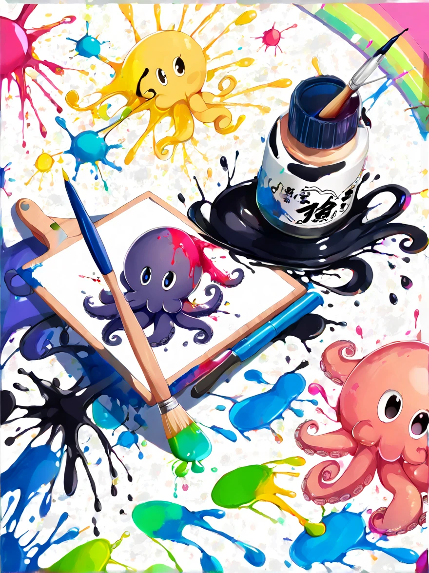 Whimsical vibe，an underwater world，((1 cute octopus holding a paintbrush and drawing pictures on the drawing board:1.5))，((ink pigment，Strong splash of colored ink:1.6))，(在画布和章鱼身上有更多的ink splatter effect:1.6)，(Character covered in ink liquid splatter:1.6), (ink splatter effect:1.7)，(Splash paint:1.7), (Rainbow paint splash:1.7)，(paint splatter background:1.7)，The octopus should look happy doing its art，Surrounded by a vibrant aquatic environment filled with coral and marine life，(vector illustration:1.2)