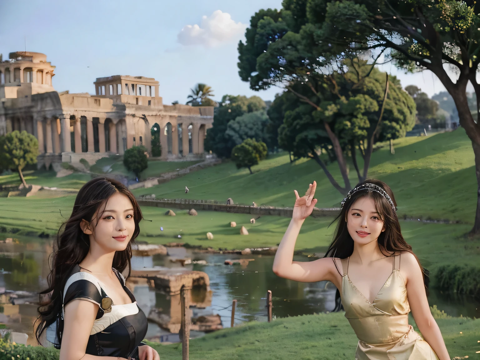 Ancient Roman ruins,Poussin-style landscape,A smile,,Sweet and seductive appearance.、Caravaggio's paintings、Chiaroscuro of Caravaggio、Hair disheveled in the wind,Two women frolicking,Cute smile, Expression of ecstasy,A sexy,Erotic