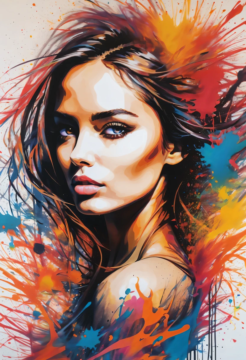 scribble art，ink splatter，Wild，splash ink painting，Abstraction，rich and colorful，Vague dreams，Dynamic energy,publish creation，visual impact,modern aesthetic,Elegant and simple,Contemporary interpretation,be bold,Stylized abstract portrait of beautiful girl，