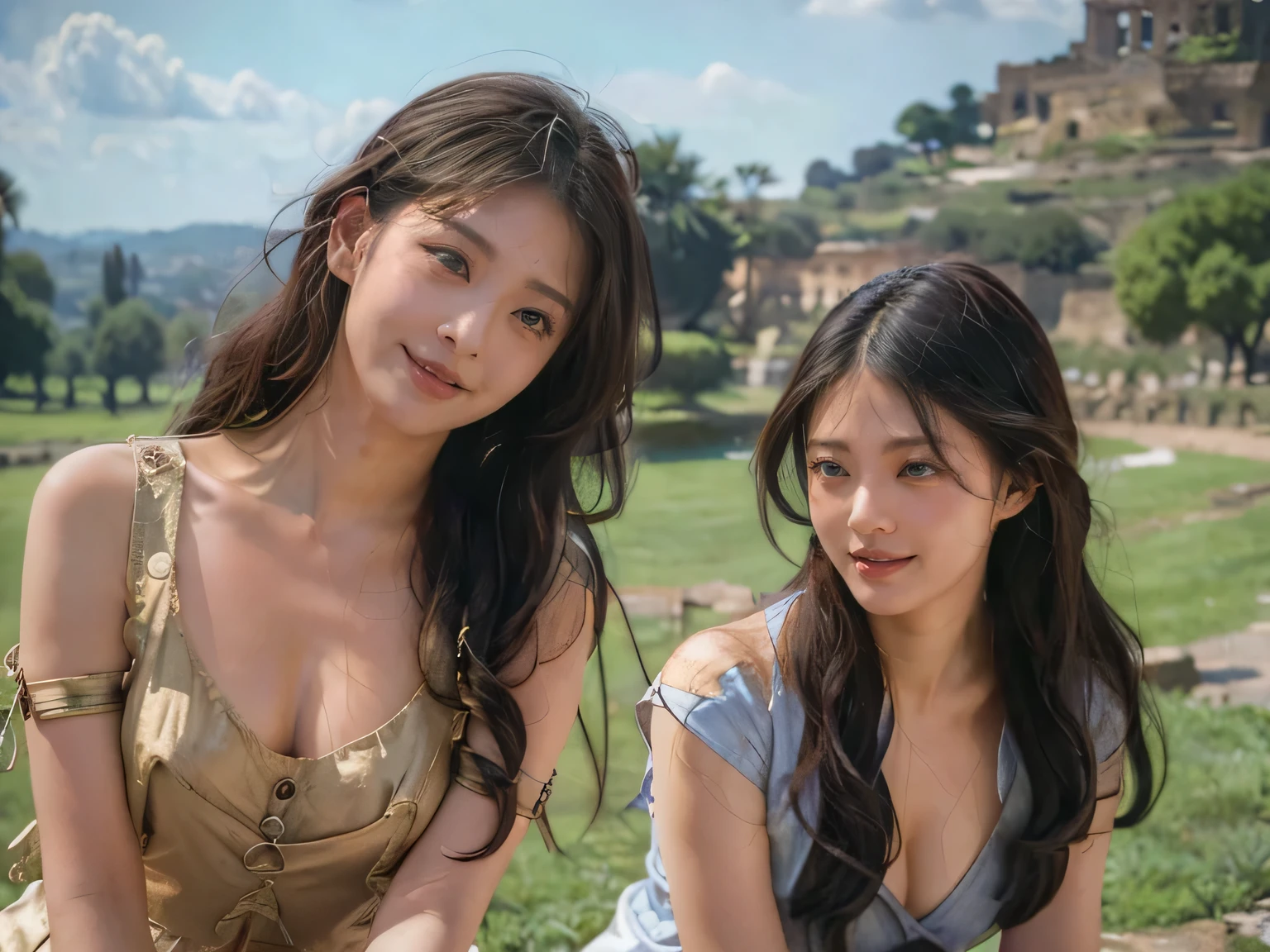 Ancient Roman ruins,Poussin-style landscape,A smile,,Sweet and seductive appearance.、Caravaggio's paintings、Chiaroscuro of Caravaggio、Hair disheveled in the wind,Two women frolicking,Cute smile, Expression of ecstasy,A sexy,Erotic 
