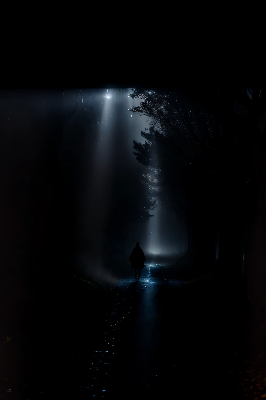 ((Moody and Mystical Scene)), ((High Definition)), 9:16, Deeply detailed, Dramatic lighting, Lone figure, Walking alone, In the dark, Silhouetted against the night sky, Shrouded in a thick mist, Sense of solitude, arms swinging with each step, Crisp, clear sound of footsteps on damp ground, Beams of light piercing through the fog from the occasional street lamp, Long, sweeping shadows, Droplets of rain glistening on the pavement, A few stars twinkling in the distance, Leafless trees creating a haunting backdrop, Subtle reflections on the puddles