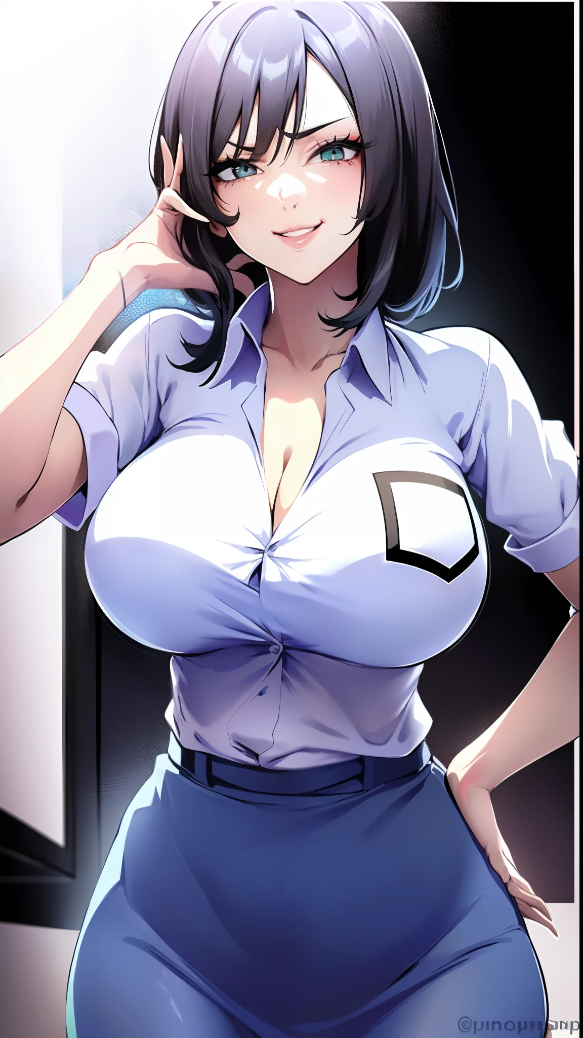 ((smile, grin)), (hands on hips), (from below), low angle, low-angle, school clothing, school shirt, ((white shirt)), baju anak SMA, sekolah, school skirt, ((pale blue skirt)), collarbone, ((a little Dark Blue hair)), (fading hair below part), white eyes, Bangs,short hair, tight clothes, buttons, (boob window), cleavage, nobara1, asuna, puuna, fubuki, pakura, perky breasts, (large breasts),
1 girl, 20yo,Young female, Beautiful Nose,Beautiful character design, perfect big eyes, perfect face,expressive eyes,perfect balance,
looking at viewer,(Focus on her face),closed mouth, (innocent_big_eyes:1.0),Light_Smile, large breasts, cleavage,
official art, (Beautiful,large_Breasts:1.6), (beautiful_face:1.5),(narrow_waist), simple background, square background, blue square background, white background,