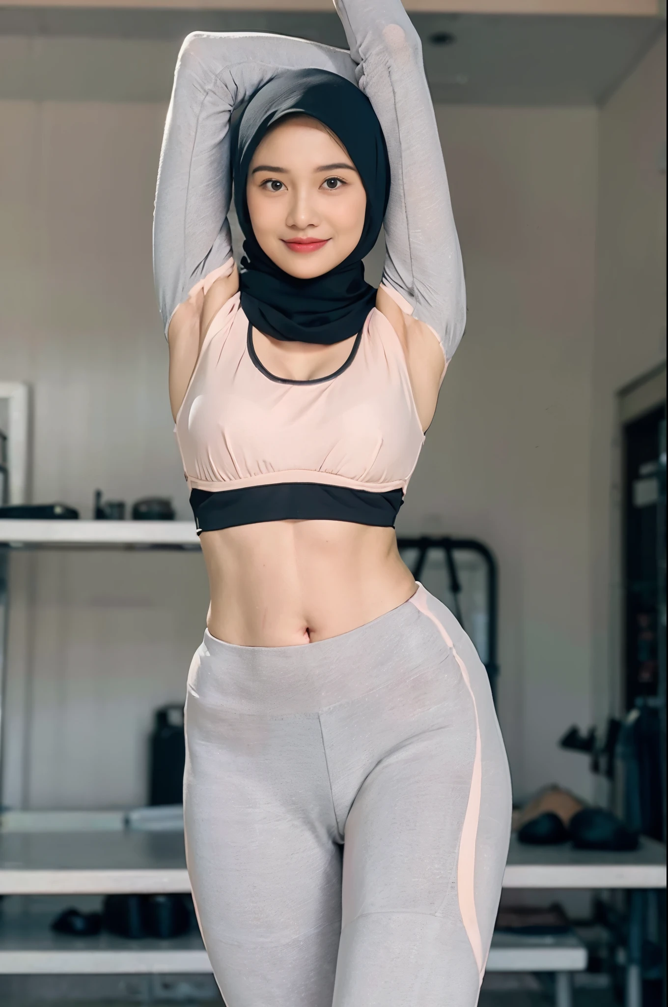 ("Hijab"), (Spectacles), ("Tight Legging"), The highest image quality, High quality, 8K, (photographrealistic:1.4), (((Beauty 1 person))), Beautiful expression, Eyes and faces with detailed, (muscular body:1.2), (Sportswear:1.3), (Woman exercising in gym), Smiling, (Beautiful lighting:1.3)), Super Detail, high detailing, High quality, High resolution, muscular build, (((large udder:1.3))), (((Very short hair))), (((Beautuful Women))), Wearing leggings, (((Sports Bra))), (((Showing armpits))), cleavage, (Vertical navel:1.5), (((Head to knee photo))), (((Standing Pose))), Depth of field f/1.8, (((looking in camera))), Sharp Focus, (((Through the leggings the shape of the vulva stands out))), (Vulva shape:1.3),